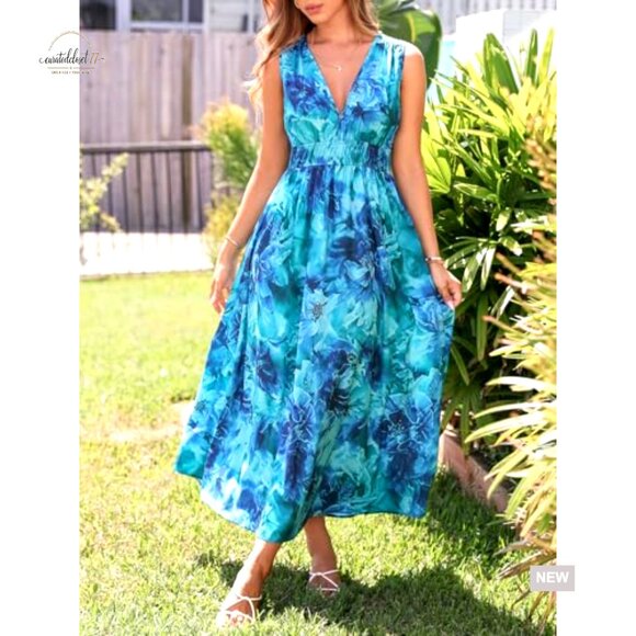 Sleeveless V-Neck Maxi Dress Floral Print Elastic Waist Wedding Guest - Picture 6 of 7